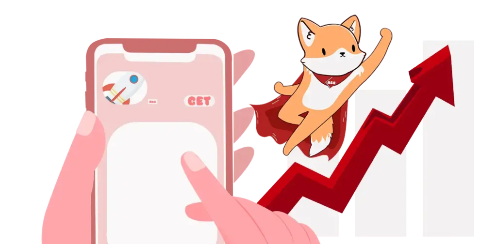 Zwei Hände halten ein Smartphone, daneben ein animierter Fuchs mit ASO-Halsband, der einen steigenden Pfeil symbolisiert. App Store Optimierung.