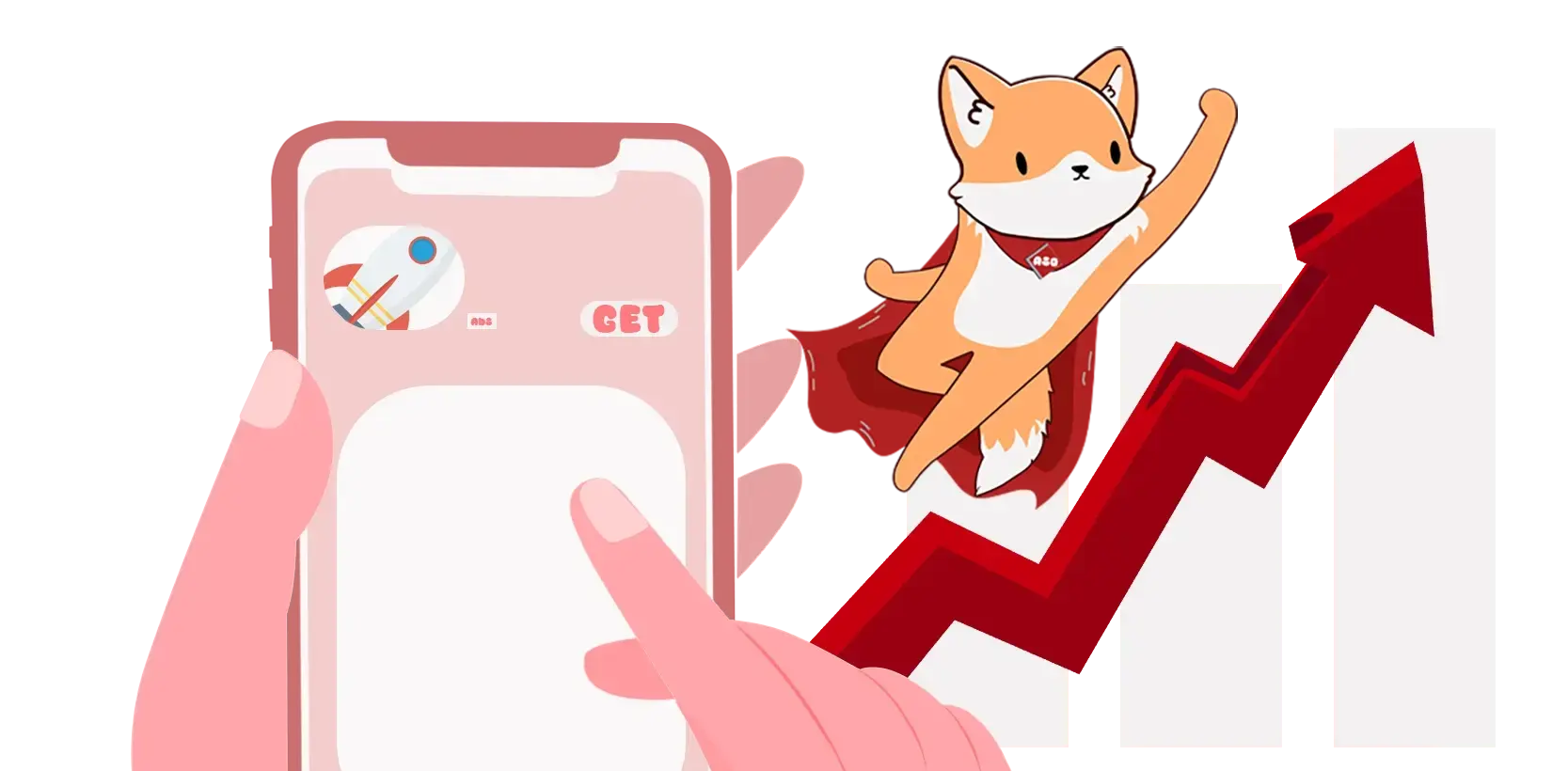 Zwei Hände halten ein Smartphone, daneben ein animierter Fuchs mit ASO-Halsband, der einen steigenden Pfeil symbolisiert. App Store Optimierung.