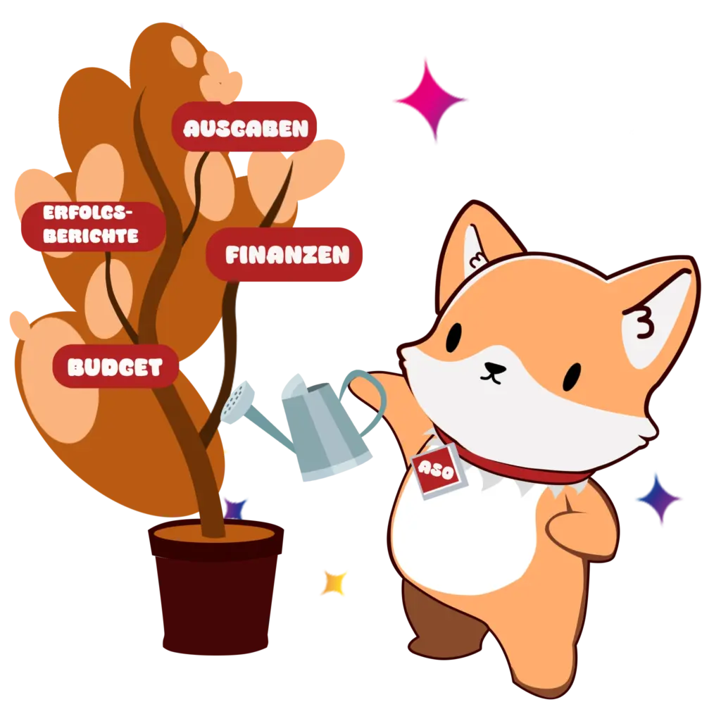 Niedliche Fuchsfigur zeigt auf Baum mit Begriffen wie "Finanzen" und "Budget", symbolisiert App Store Optimierung.