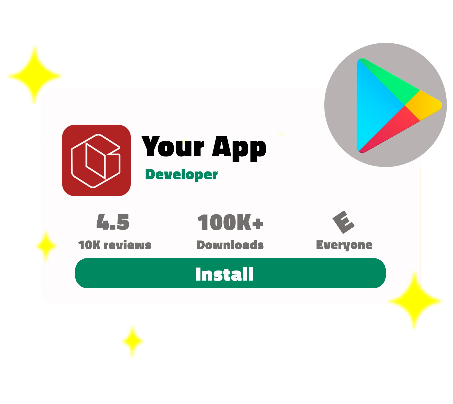 Eine App-Store-Seite zeigt eine App mit 4.5 Sternen, 100K+ Downloads und einem Installationsbutton, ideal für App Store Optimierung.
