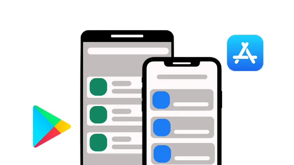 Smartphones mit App-Icons und App Store-Logos, symbolisieren App Store Optimierung und App Marketing.