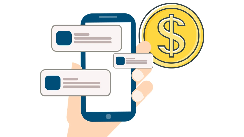 Eine Hand hält ein Smartphone mit Nachrichtenfenstern, daneben ein Dollarzeichen. Thema: App Store Optimierung.