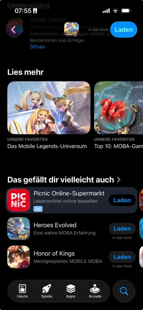 Eine App-Store-Seite zeigt Empfehlungen und eine Produkt-Page-Ad für ein Online-Supermarkt-App-Marketing.