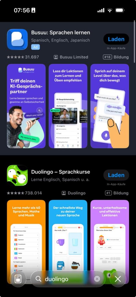 Ein Smartphone-Bildschirm zeigt eine Search-Results-Ad für Sprachlern-Apps mit Download-Optionen.
