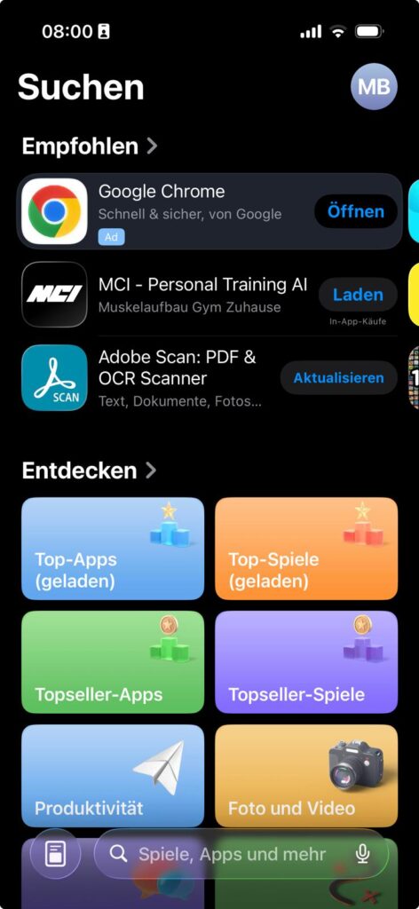 Auf dem Bildschirm des Such-Tabs werden empfohlene Apps und Kategorien zur App Store Optimierung angezeigt.