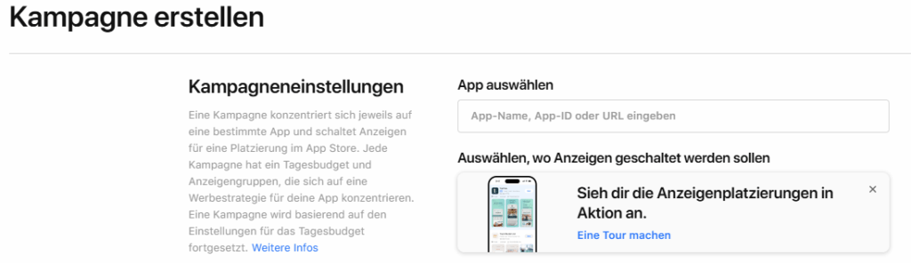 Eine Benutzeroberfläche zeigt Schritt 1 der Kampagnenerstellung für App Store Optimierung mit spezifischen Einstellungen.