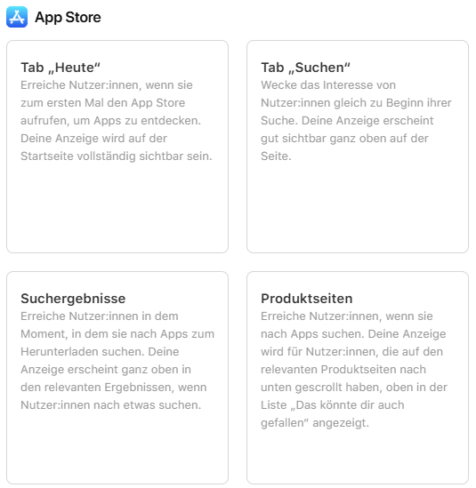 Vier Karten zeigen die Funktionen des App Stores: Heute, Suchen, Suchergebnisse und Produktseiten für effektive App Store Optimierung.