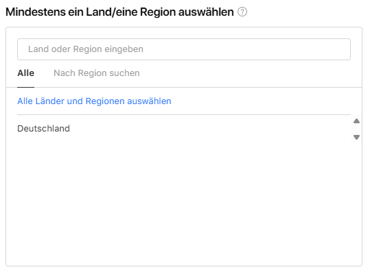 Ein Dropdown-Menü zeigt eine Länderauswahl an, wobei Deutschland für die App Store Optimierung ausgewählt ist.