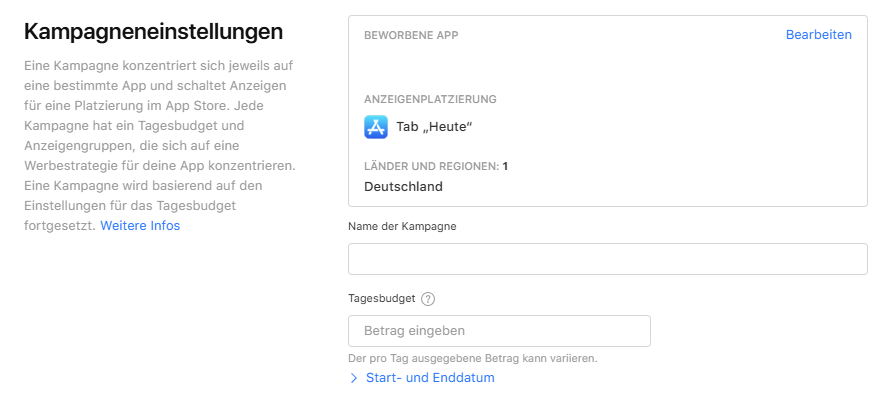 Die Kampagneneinstellungen zeigen Optionen zur Optimierung der App Store Platzierung und Budgetverwaltung für App Marketing.
