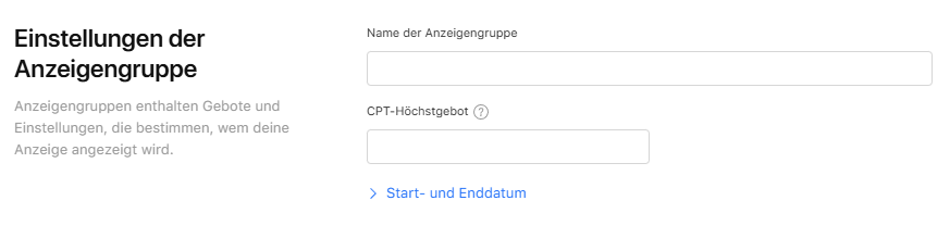 Eine Benutzeroberfläche zeigt die Eingabeeinstellungen für Anzeigengruppen, ein wichtiger Schritt in der App Store Optimierung.