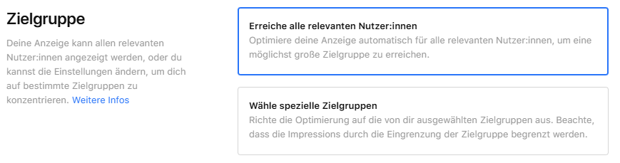 Zwei Auswahlkästchen zeigen Optionen zur Zielgruppenoptimierung für App Store Optimierungskampagnen.