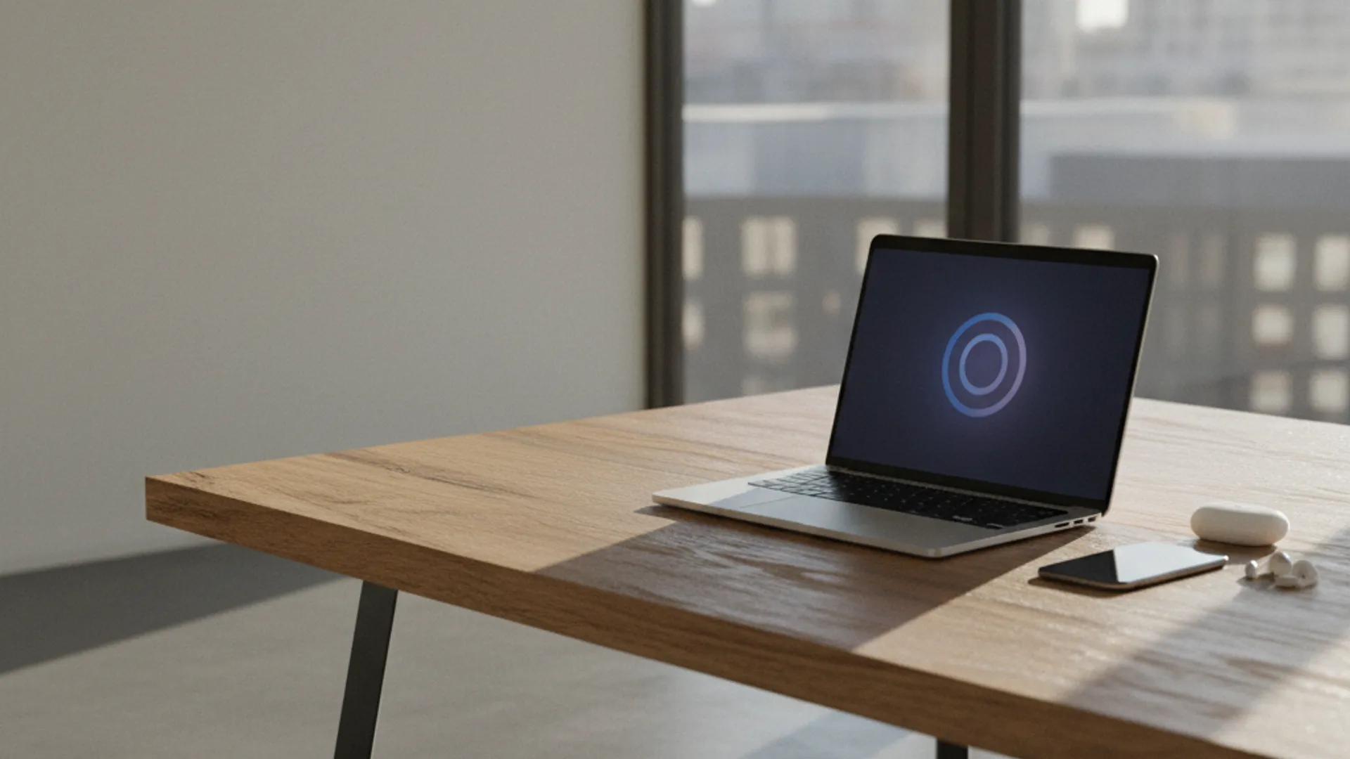 Ein Laptop mit einem aktiven Bildschirm steht auf einem Holztisch, während das Licht durch ein Fenster scheint, was effektive App Store Optimierung symbolisiert.