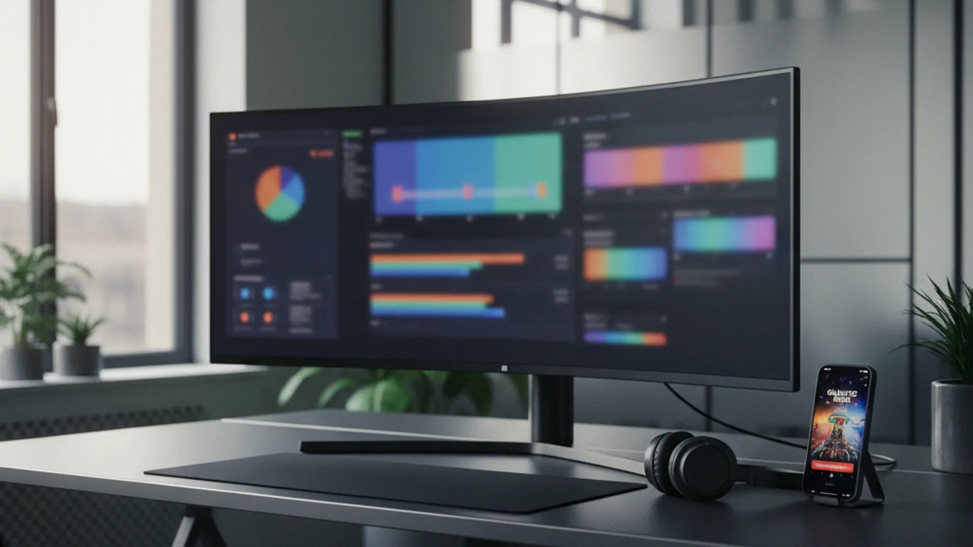 Ein moderner Schreibtisch mit einem großen Monitor, der Daten zu programmatic advertising zeigt, und einem Smartphone mit App Marketing.