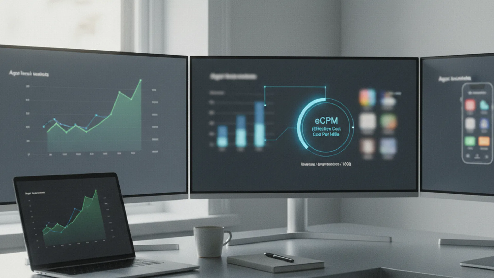 Drei Bildschirme zeigen Diagramme und Daten zu eCPM, die für effektives App Marketing und ASO entscheidend sind.