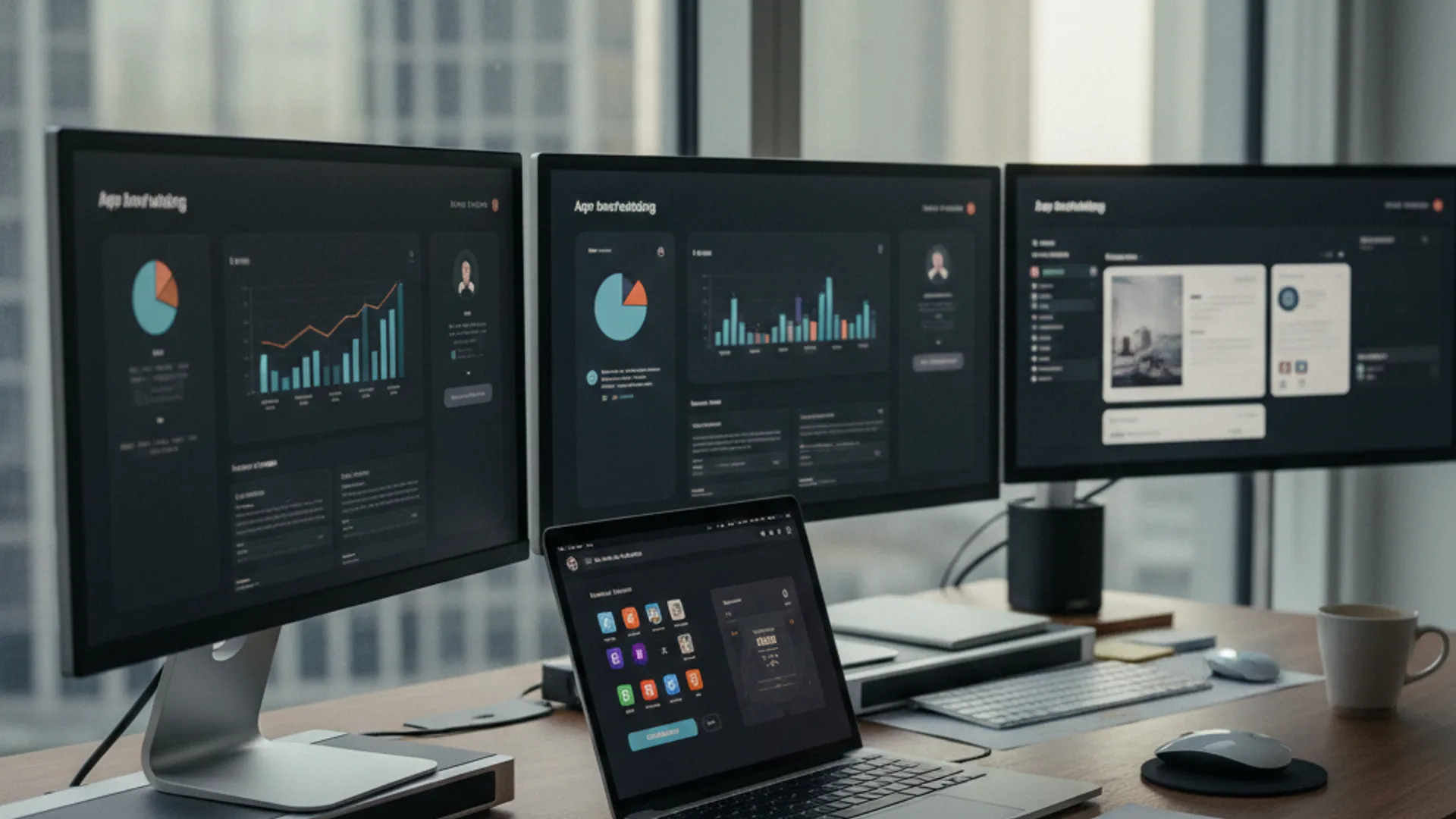 Mehrere Computerbildschirme zeigen Dashboards mit App Marketing-Daten und Analysen zur App Store Optimierung.