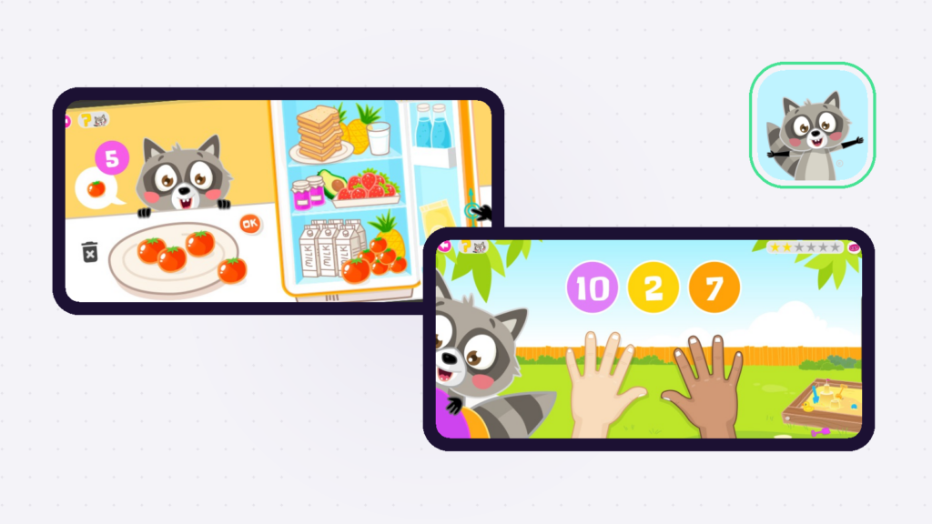 Zwei echte Screens der Luuki-Lern-App in Geraeterahmen, daneben das App-Icon